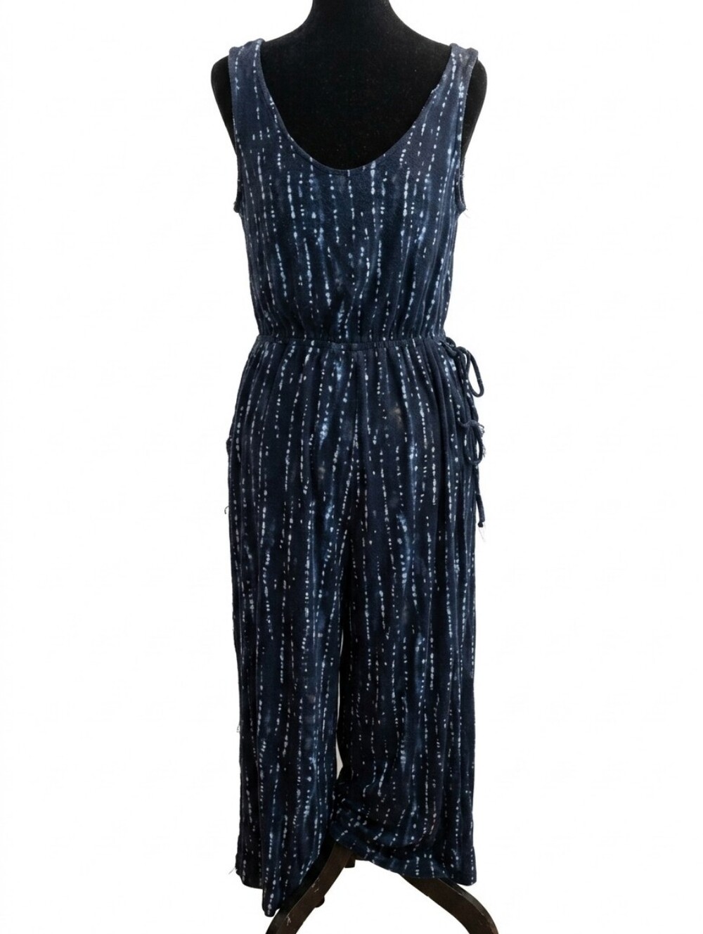 Tahari Tie Dye Wide Leg Jumpsuit Blue Black Sleeveless Boho Summer Romper LARGE
